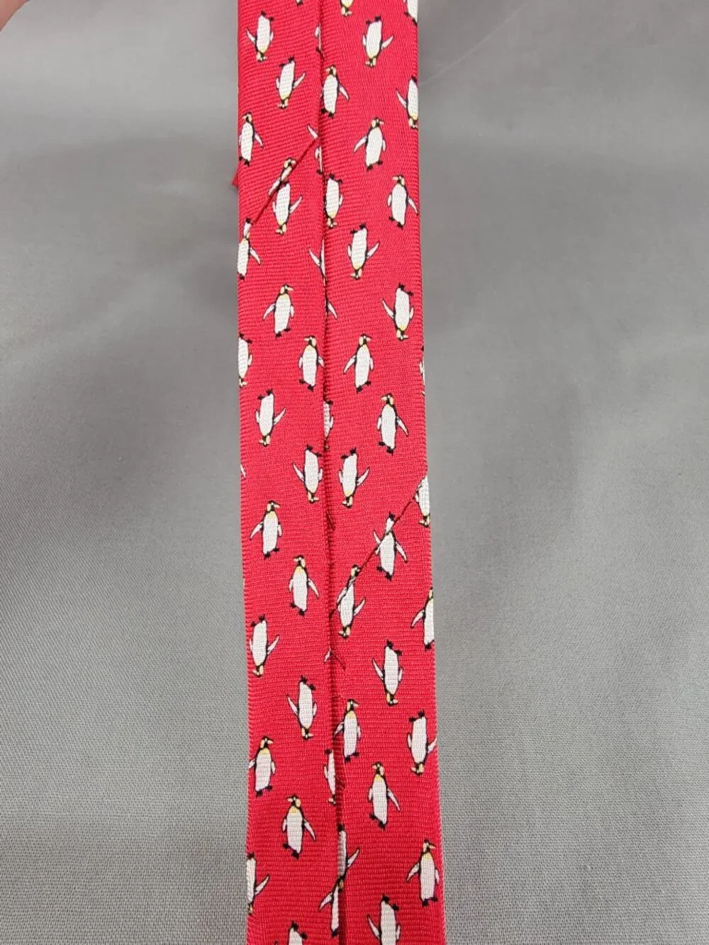 J Crew Silk Necktie Tie Mens Red White Penguin Print